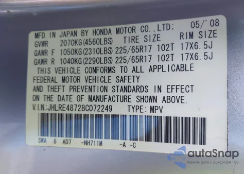 2008 Honda Cr-V Ex-L from USA, damaged, VIN JHLRE48728C072249